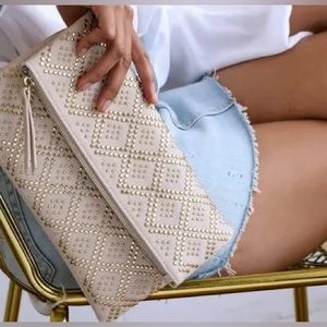 Lulu’s Crowd Pleaser Cream Studded Clutch, Cream